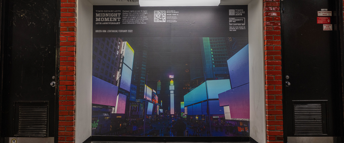 A photo of Krista Kim's "Continuum" in Times Square, on display in Port Authority