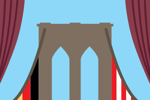 Maroon stage curtains on a blue background frame the Brooklyn bridge. Underneath the cables on the left of the bridge are yellow, black, and red stripes; underneath the cables on the right are white and red stripes