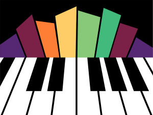 A rainbow of four-sided polygons come out of an illustrated keyboard