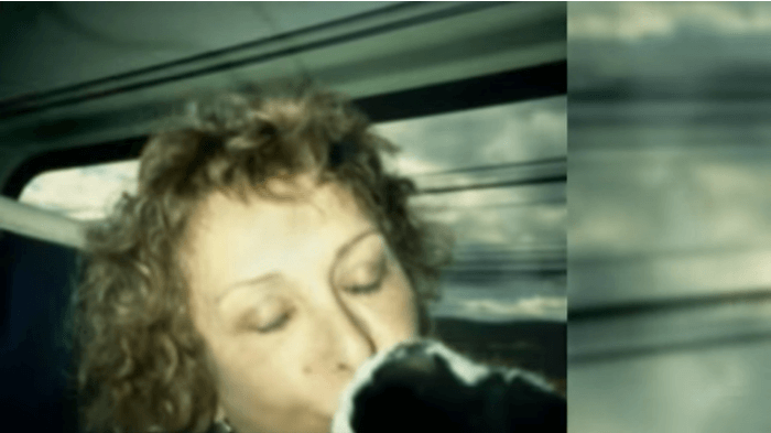 Screencap of Infinity Kisses - the Movie by Carolee Schneeman, showing a curly-haired white woman kissing a black and white cat